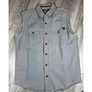 Vtg. Harley Davidson Shirt Mens Medium Sleeveless Button Up Vest Gray Denim Logo